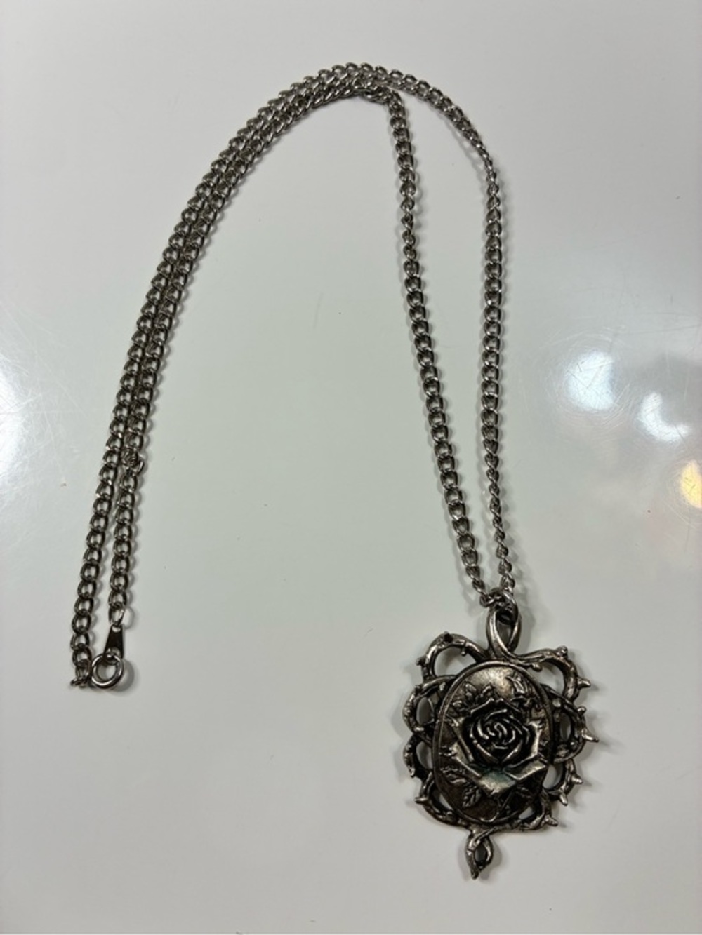 Signed Silver Rose and Thorns Goth Pendant Necklace Women Jewelry Lightweight